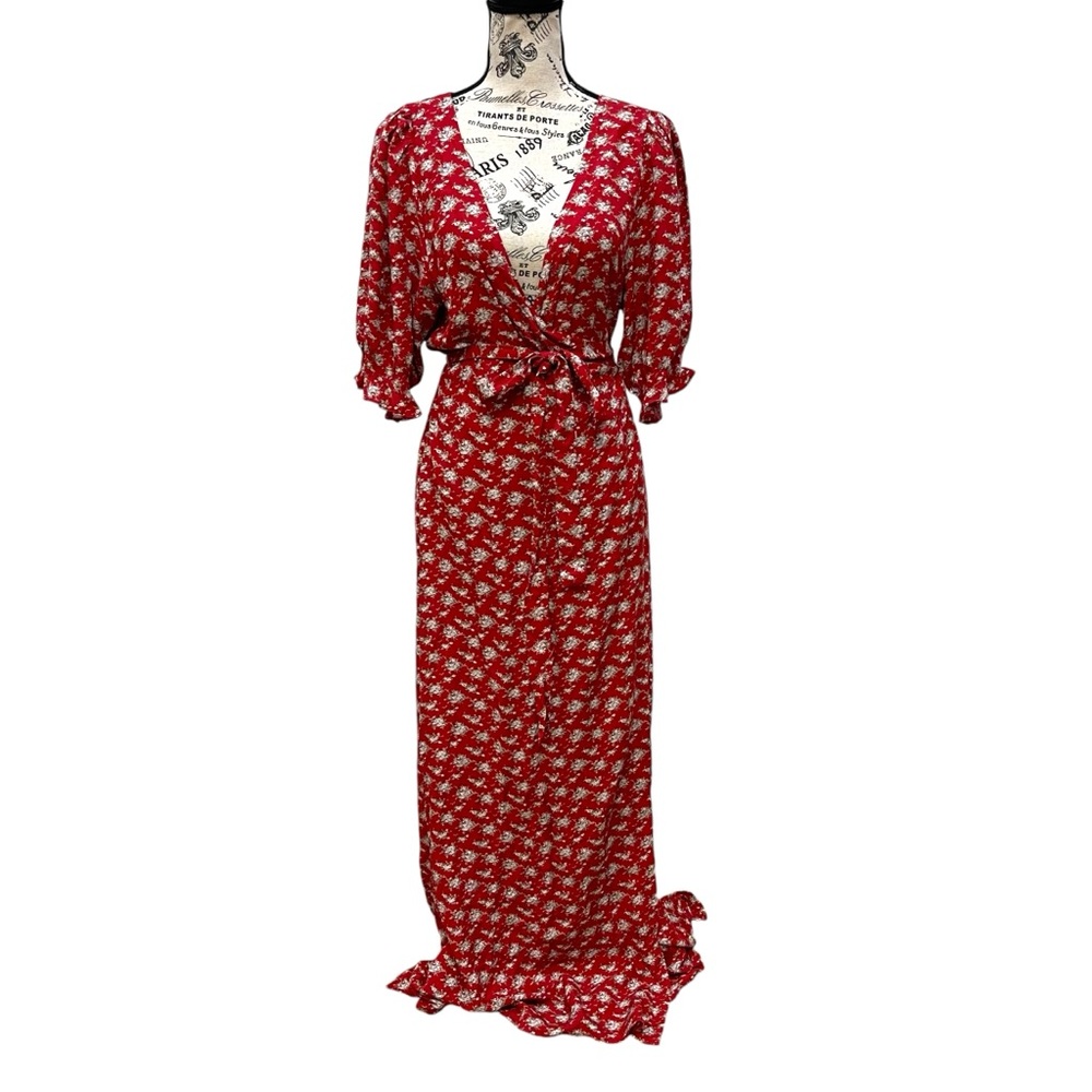 Natural Life Sophia Wrap Maxi Dress Floral Print Red Short Sleeves Womens XL